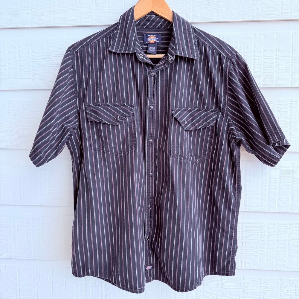 Dickies Y2K Workwear Pearl Snap Western Striped Shirt Black Red Lg